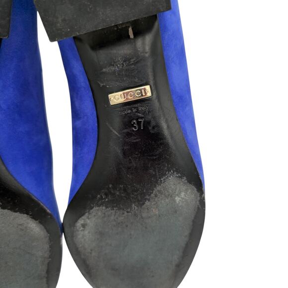 Gucci GG Logo Blue Suede Loafer Size 37 US 7 Chrome Block Heel Slip On Flat - Picture 7 of 10